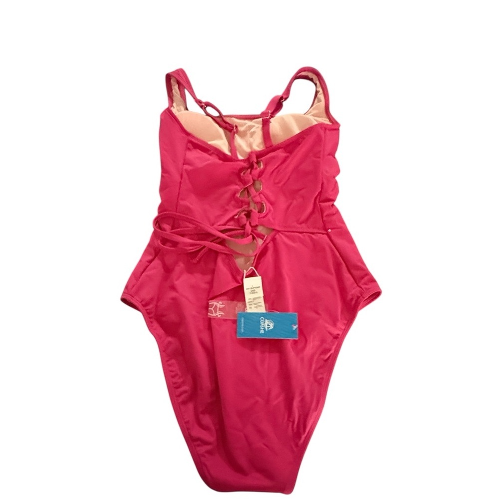 Cupshe Fuschia Square Neck Tie Back Slim & Sculpt One-Piece - Picture 2 of 6
